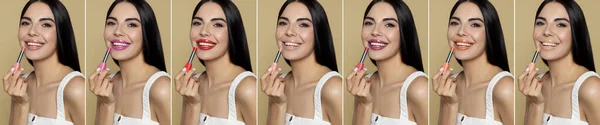 Collage Con Fotos Mujer Aplicando Diferentes Lápices Labiales Hermosos Sobre —  Fotos de Stock