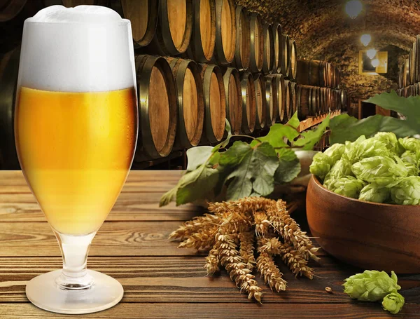 Glas Smakelijk Licht Bier Verse Hop Tarwespikes Houten Tafel Kelder — Stockfoto