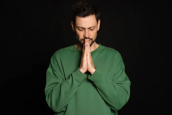 Man Clasped Hands Praying Black Background — Stock Photo, Image