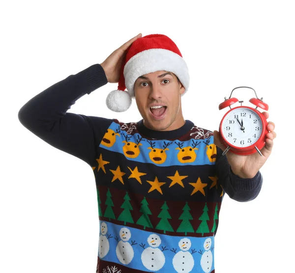 Mann Mit Weihnachtsmütze Mit Wecker Auf Weißem Hintergrund Countdown Zum — Stockfoto