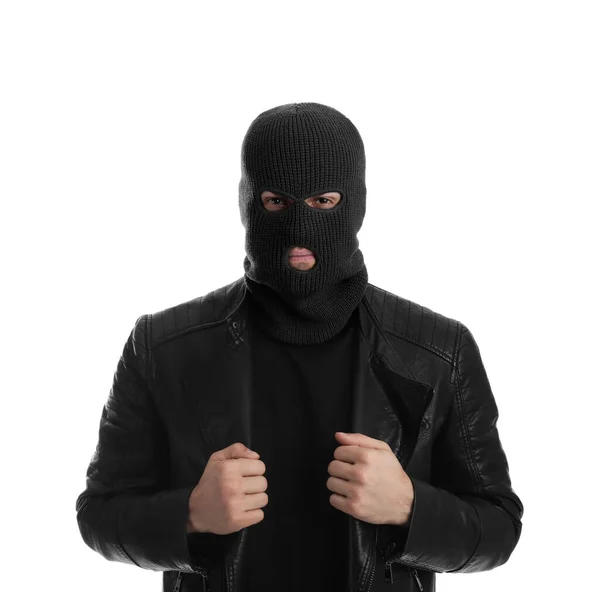 Man Bär Stickad Balaclava Vit Bakgrund — Stockfoto