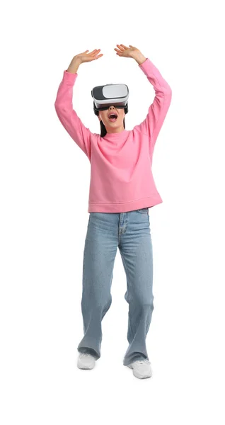 Mujer Usando Auriculares Realidad Virtual Sobre Fondo Blanco —  Fotos de Stock