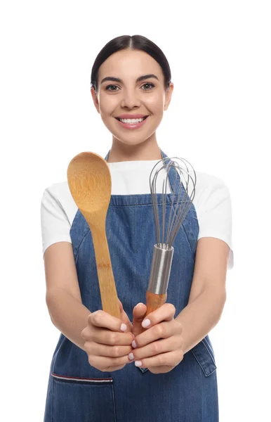 Young Woman Blue Jeans Apron Holding Wooden Spoon Whisk White — Stock Photo, Image