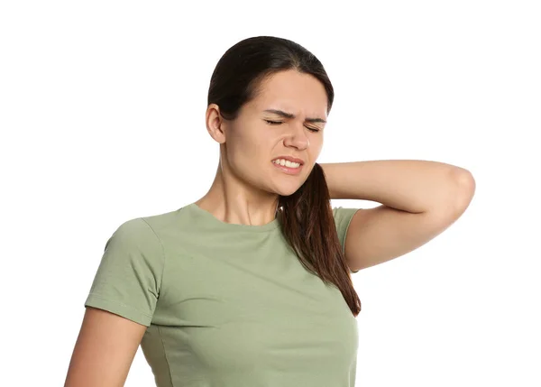 Young Woman Suffering Neck Pain White Background — Stock Photo, Image