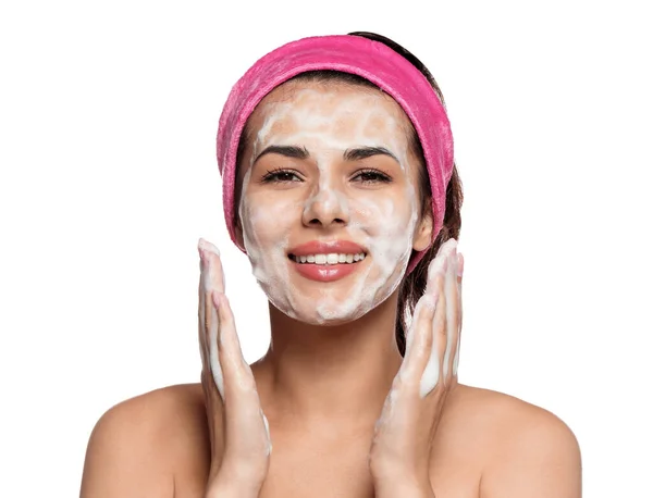 Beautiful Woman Applying Facial Cleansing Foam White Background — Stockfoto