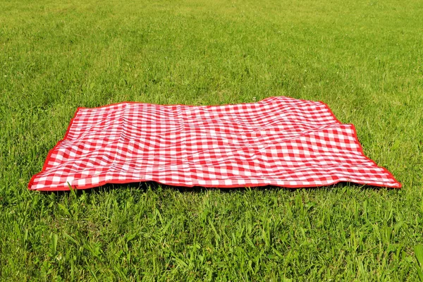Geruit Picknicktafelkleed Vers Groen Gras Buiten — Stockfoto