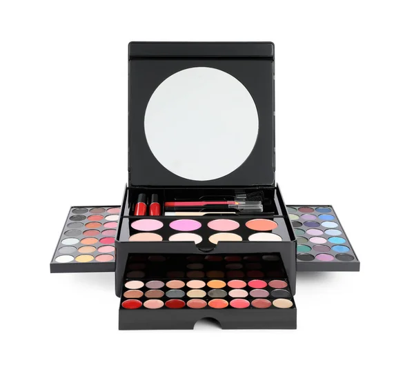 Large Makeup Case Different Decorative Cosmetics Mirror Isolated White — 스톡 사진
