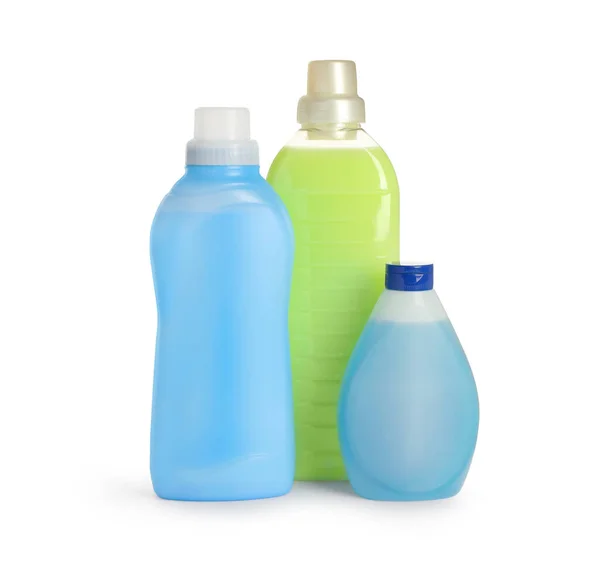 Verschillende Flessen Met Wasmiddelen Witte Achtergrond — Stockfoto