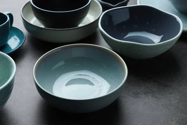 Set Stylish Empty Bowls Grey Table — Φωτογραφία Αρχείου