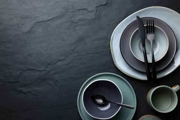 Set Clean Tableware Black Table Flat Lay Space Text — 图库照片