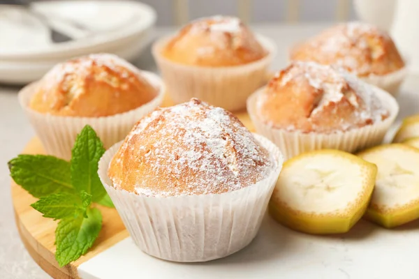 Tasty Muffins Served Mint Banana Board Closeup — Fotografia de Stock