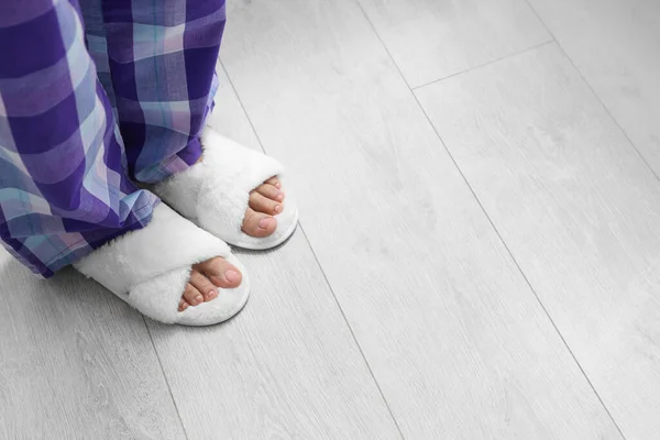 Woman Wearing White Soft Slippers Closeup Space Text — Stock Photo, Image