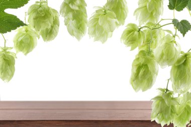 Taze yeşil atlama dalları ve beyaz arkaplanda boş ahşap yüzey, metin için boşluk