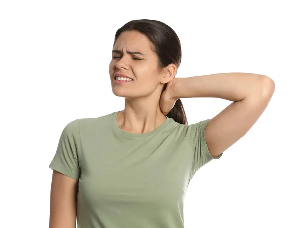 Junge Frau Leidet Unter Nackenschmerzen Auf Weißem Hintergrund — Stockfoto
