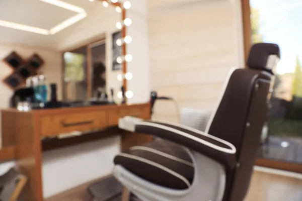 Blurred View Stylish Hairdresser Workplace Professional Armchair Barbershop — Stock Photo, Image