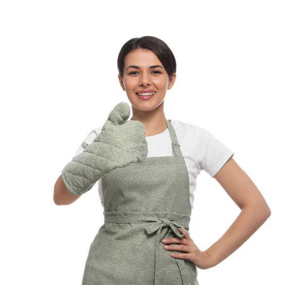 Donna Con Grembiule Verde Guanto Forno Sfondo Bianco — Foto Stock