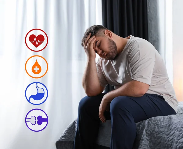 Виртуальные Иконы Демонстрирующие Различные Проблемы Здоровьем Избыточный Вес Человека Кровати — стоковое фото
