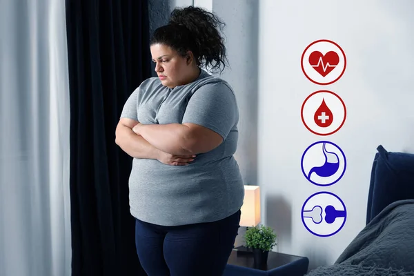 Виртуальные Иконки Демонстрирующие Различные Проблемы Здоровьем Избыточный Вес Женщины Дома — стоковое фото