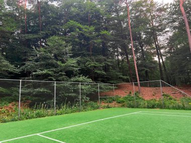 Açık alanda yeşil çimenli ve işaretli tenis kortu