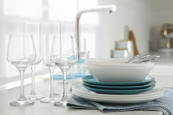 Different Clean Dishware Cutlery Glasses Countertop Kitchen — Stockfoto