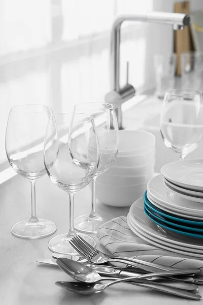 Different Clean Dishware Cutlery Glasses Countertop Kitchen — 스톡 사진