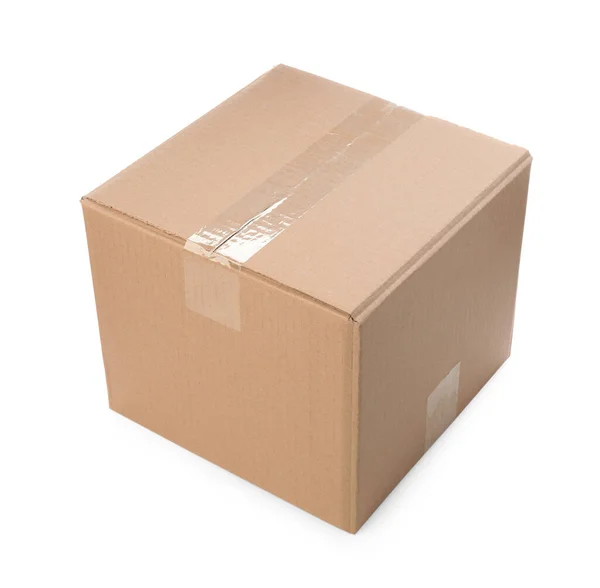 One Closed Cardboard Box White Background — Stock Photo, Image