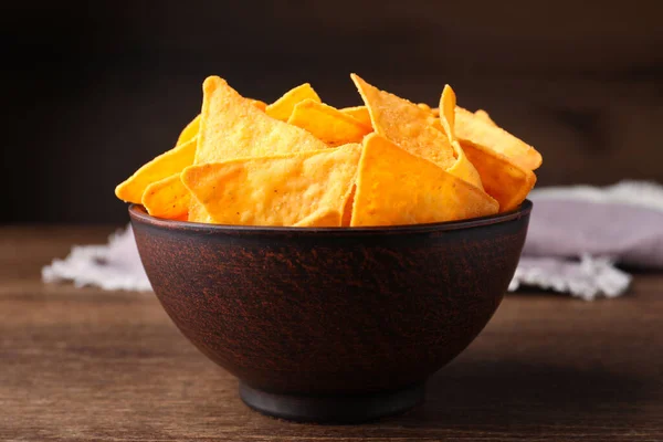 Tortilla Chips Nachos Bowl Wooden Table Dark Background Closeup — Stock Photo, Image