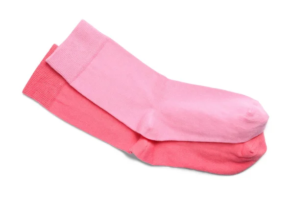 Different Pink Socks White Background Top View — Stock Photo, Image
