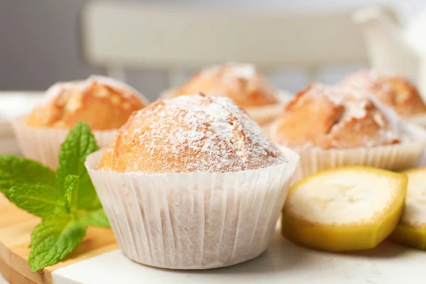 Tasty Muffins Served Mint Banana Board Closeup — Fotografia de Stock
