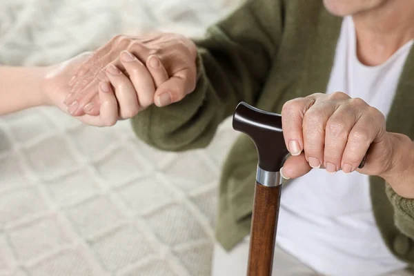 Caregiver Elderly Woman Walking Cane Home Closeup — 스톡 사진