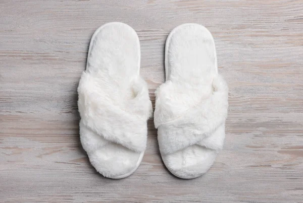 Pair Soft Slippers White Wooden Floor Top View — Stock Photo, Image