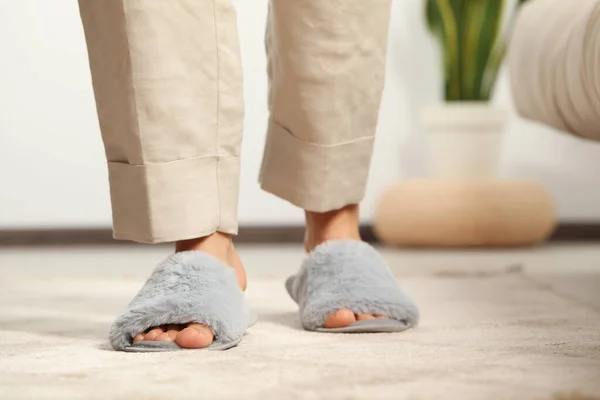 Woman Wearing Soft Slippers Home Closeup — Stock Photo, Image