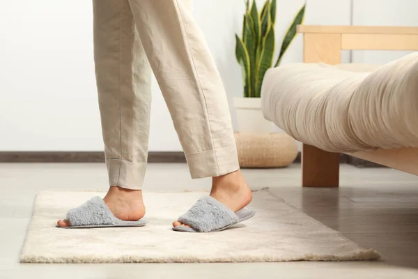 Woman Wearing Soft Slippers Home Closeup — Stock Photo, Image