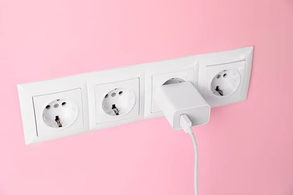 Charger Adapter Plugged Power Sockets Pink Wall Electrical Supply — Foto de Stock