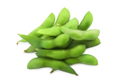 Fresh green edamame pods on white background