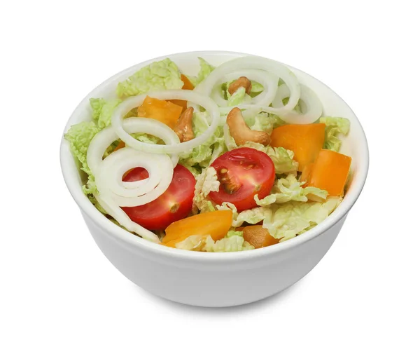 Schaal Van Heerlijke Salade Met Chinese Kool Tomaten Geïsoleerd Wit — Stockfoto