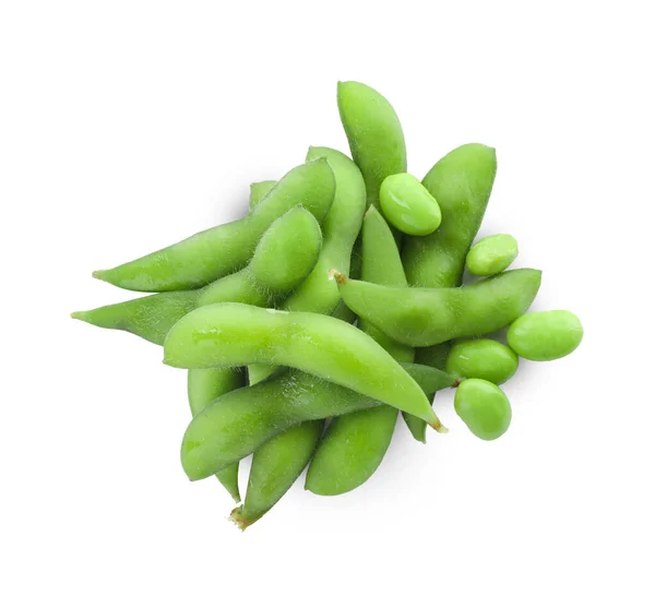 Fresh Green Edamame Pods Beans White Background Top View — стоковое фото