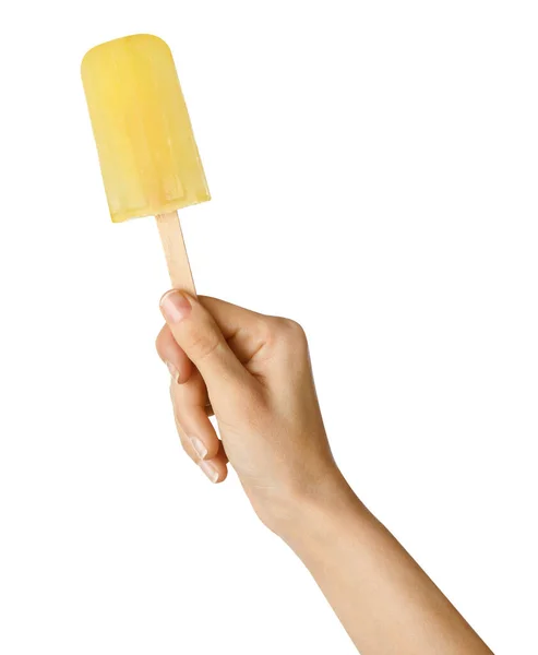 Woman Holding Tasty Fruit Ice Pop White Background Closeup — Stock Photo, Image