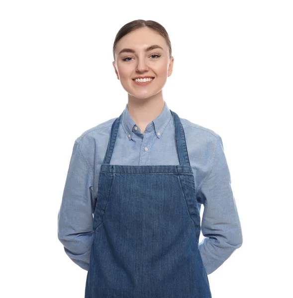 Vacker Ung Kvinna Ren Denim Förkläde Vit Bakgrund — Stockfoto