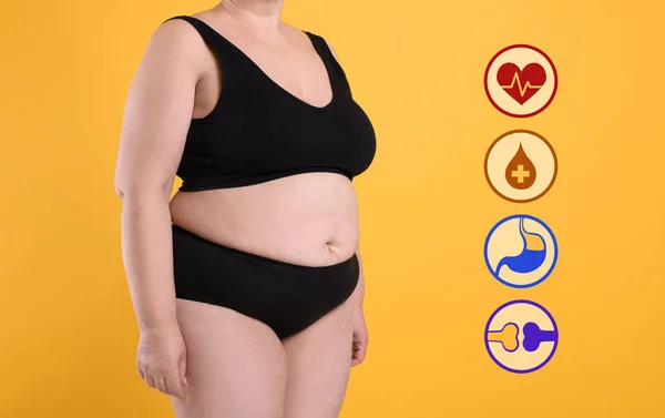 Wirtualne Ikony Pokazujące Różne Problemy Zdrowotne Otyłość Kobiety Pomarańczowym Tle — Zdjęcie stockowe