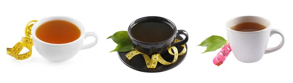 Комплект Чашками Чашки Потери Веса Травяной Чай Белом Фоне Баннерный — стоковое фото