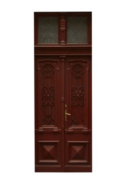 Güzel, eski moda ahşap kapı beyaza izole edilmiş.