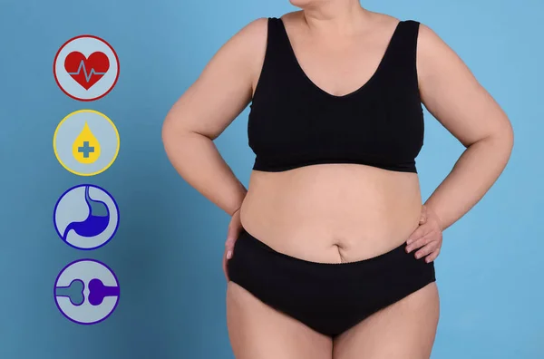 Виртуальные Иконы Демонстрирующие Различные Проблемы Здоровьем Избыточный Вес Женщины Светло — стоковое фото