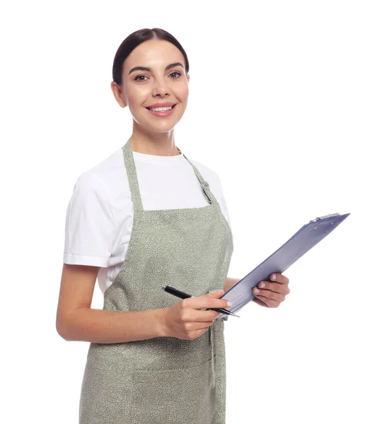 Jonge Vrouw Licht Groen Schort Met Klembord Witte Achtergrond — Stockfoto