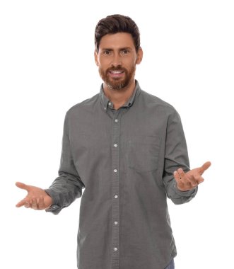 Handsome man gesturing on white background. Weather forecast reporter