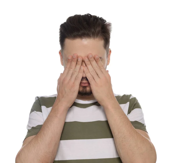 Embarrassed Man Covering Eyes Hands White Background — Stock Photo, Image