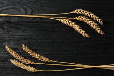 Buğday kulakları siyah ahşap masada, düz yerde. Metin için boşluk