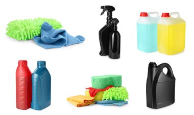 Beyaz arkaplanda farklı araba ürünleri ile ayarlandı