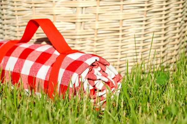 Rolled Checkered Tablecloth Picnic Basket Green Grass Closeup — Φωτογραφία Αρχείου