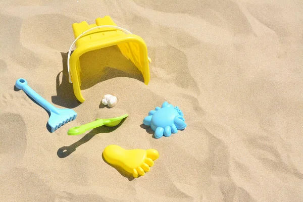 Bright Plastic Bucket Rake Shovel Sand Beach Toys Space Text — Stok fotoğraf